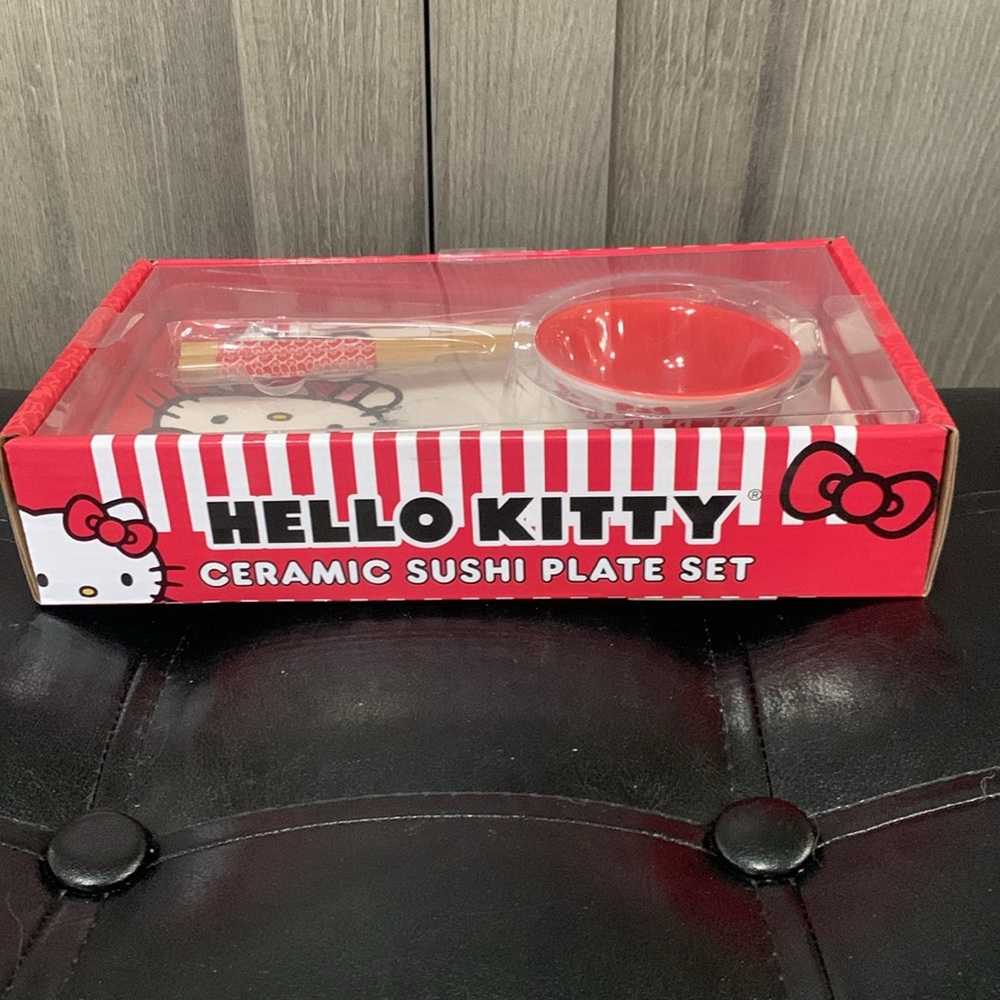 New Hello Kitty Red Japanese Sushi Ceramic Plate Set With Chopsticks By Sanrio - Picture 5 of 8